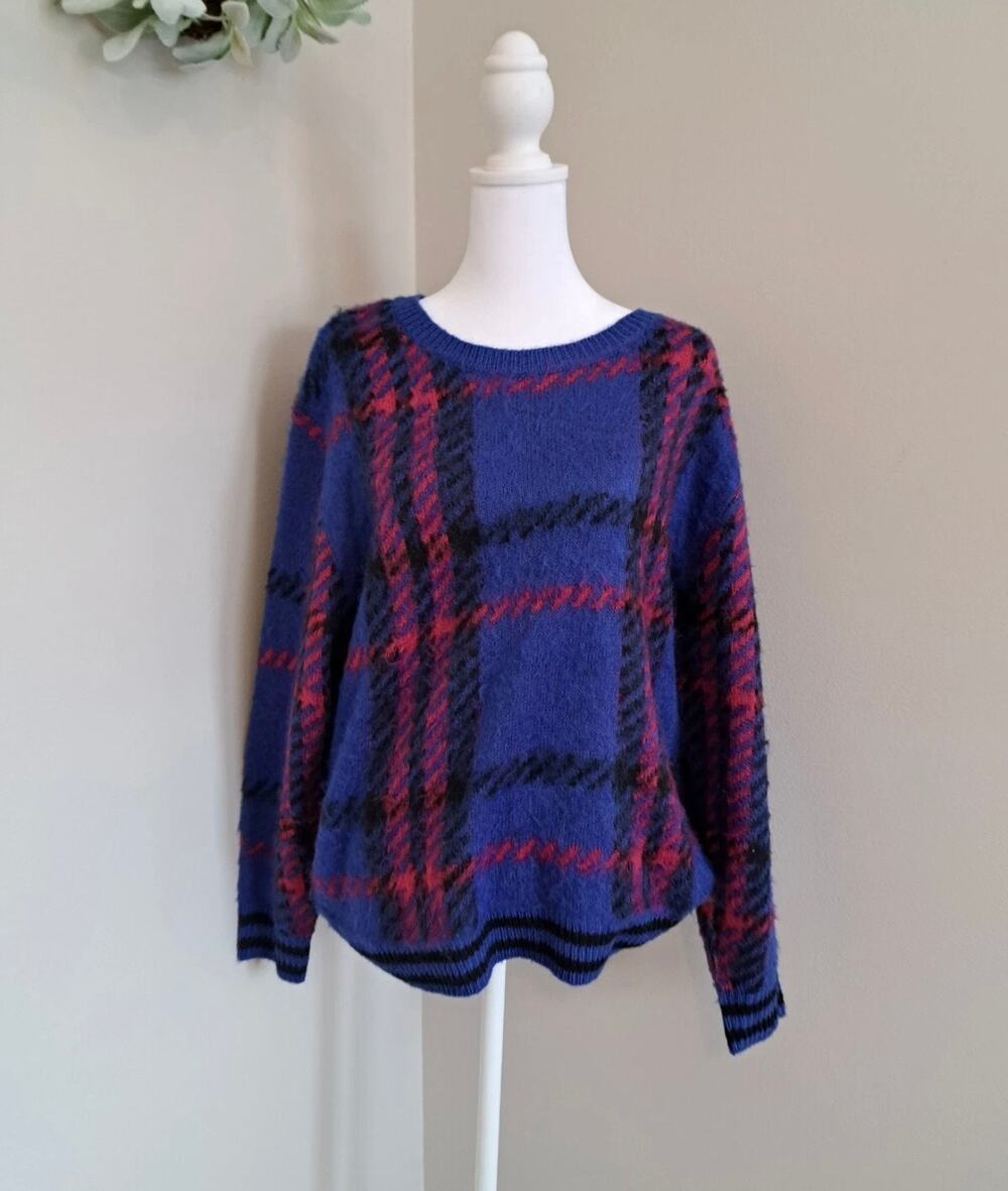 Allison Joy Blue Red Black Plaid Fuzzy Knit Pullover Sweater Women’s Size L